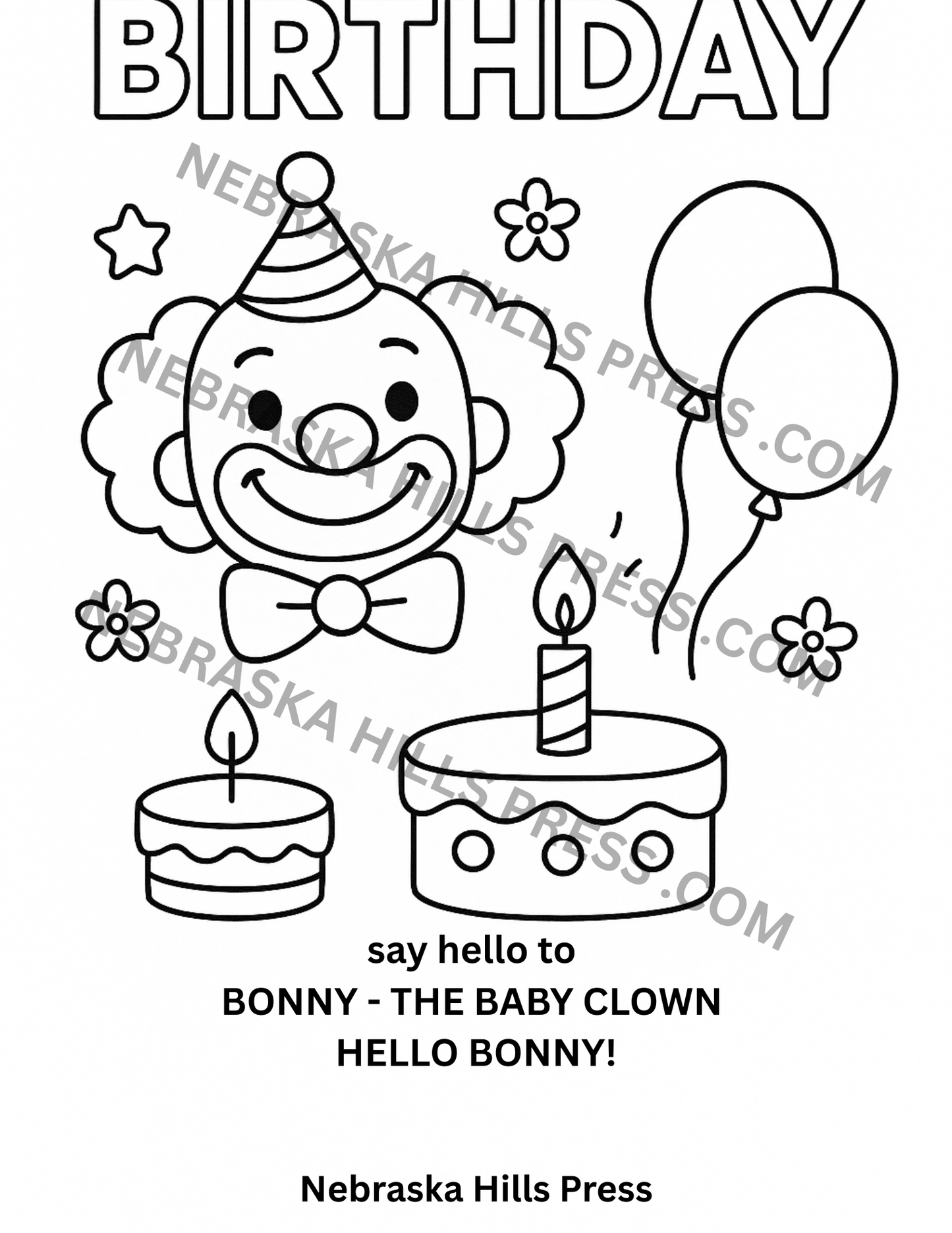 Geburtstags-Malvorlage zum Ausdrucken – Clown, Torte & Ballons – Kinder-Aktivitätsblatt (8,5×11 PDF)