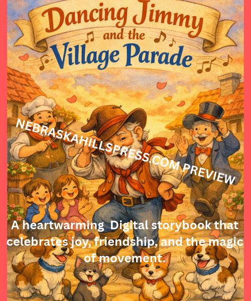 Dancing Jimmy and the Village Parade storybook cover, watercolor-style illustration