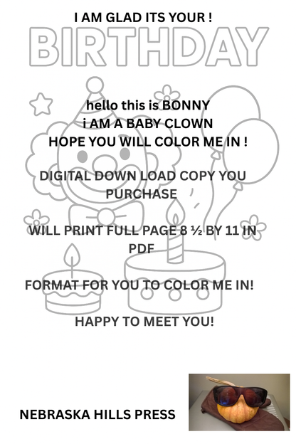 Birthday Coloring Page Printable – Clown, Cake & Balloons – Kids Activity Sheet (8.5×11 PDF)