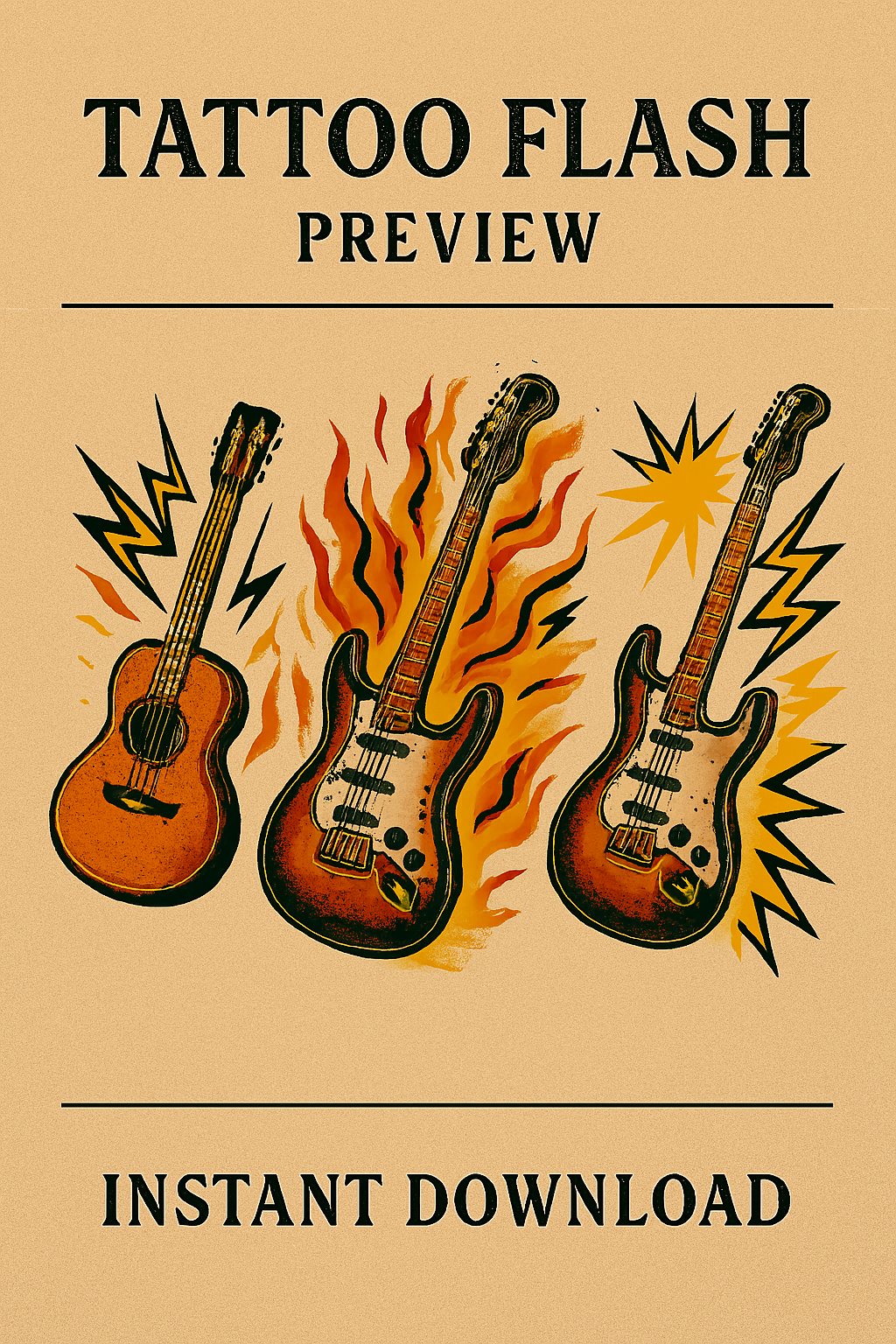 "Guitar Tattoo Flash Sheet – Lightning Burst, Broken String, and Acoustic Icons – Instant Download"