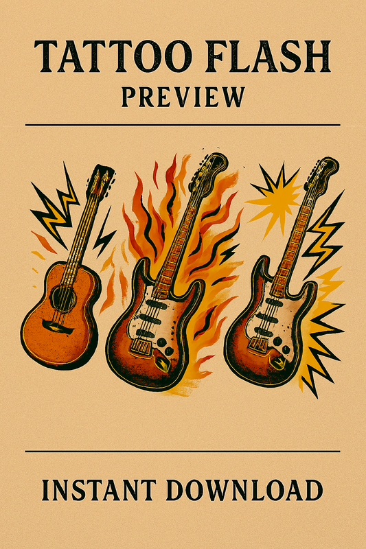 "Guitar Tattoo Flash Sheet – Lightning Burst, Broken String, and Acoustic Icons – Instant Download"